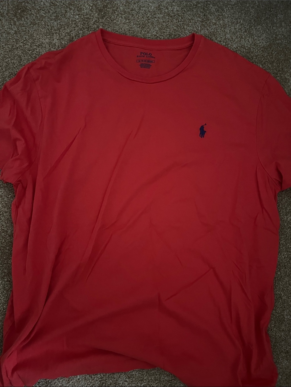 Polo by Ralph Lauren Men’s Coral Red Crewneck T-Shirt with Navy Pony